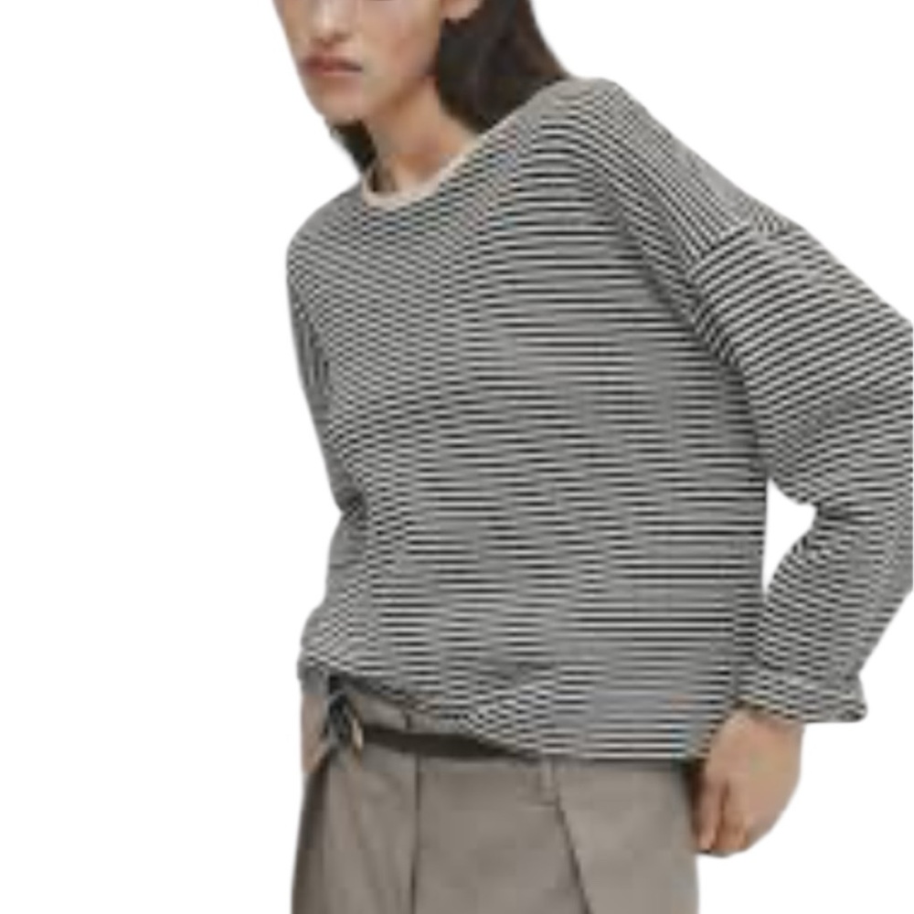 Massimo Dutti Navy Blue White Striped Long Sleeve Top Blouse